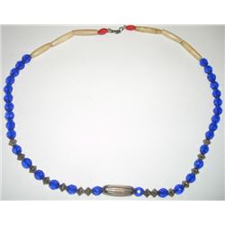 Unique Blue and Wood Faux Beaded Necklace