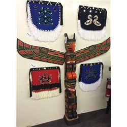 DERALD SCOULAR, TOTEM POLE FEATURING: EAGLE, BEAR AND SALMON 83" H X 88" W