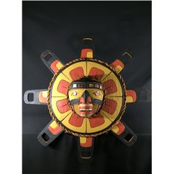 TIM ALFRED, KWAKIUTL, SUN MASK WITH COPPER AND ABALONE ACCENTS, 38" H X 38" W X 7" D