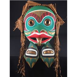 PATRICK AMOS, NUU-CHAH-NULTH, "FROG MASK", WITH COPPER AND CEDAR BARK ACCENTS 23" H X 14" W