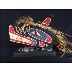EMIL THIBERT, SALTEAUX NATION, WOLF MASK ON CARVED BASED, CEDAR BARK ACCENT 15  L X 13  H X 8  D