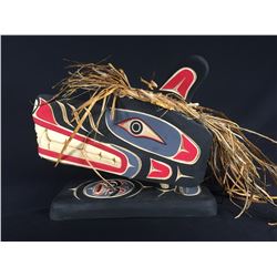 EMIL THIBERT, SALTEAUX NATION, WOLF MASK ON CARVED BASED, CEDAR BARK ACCENT 15" L X 13" H X 8" D