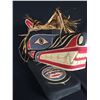 Image 3 : EMIL THIBERT, SALTEAUX NATION, WOLF MASK ON CARVED BASED, CEDAR BARK ACCENT 15" L X 13" H X 8" D