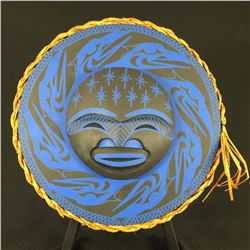 PATRICK AMOS, NUU-CHAH-NULTH, "RAVENS" MOON MASK, WITH CEDAR BARK 15" DIAMETER