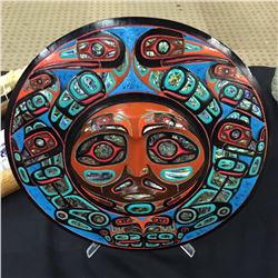 JACOB B. LEWIS, COAST SALISH "ANIMALS SURROUNDING THE RISING SUN" 13" DIAMETER HEAVILY INLAID WITH