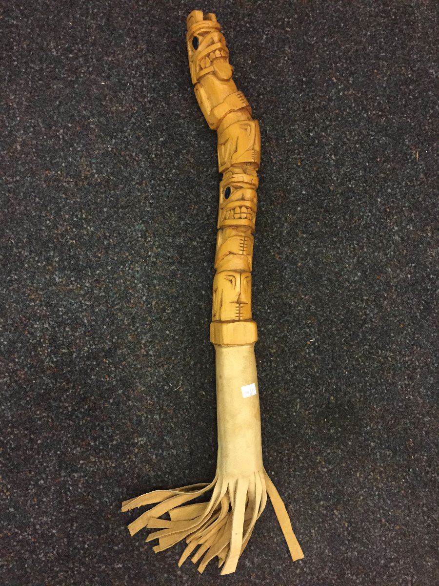 HAND CARVED TALKING STICK WITH LEATHER HANDLE AND SHELL INLAY, 20