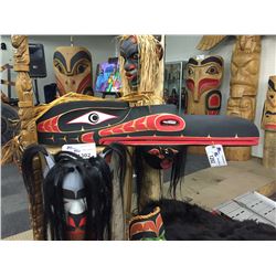 CARVED / PAINTED RAVEN MASK WITH ARTICULATING BEEK AND HAWK MAN PORTRAIT ON UNDERSIDE