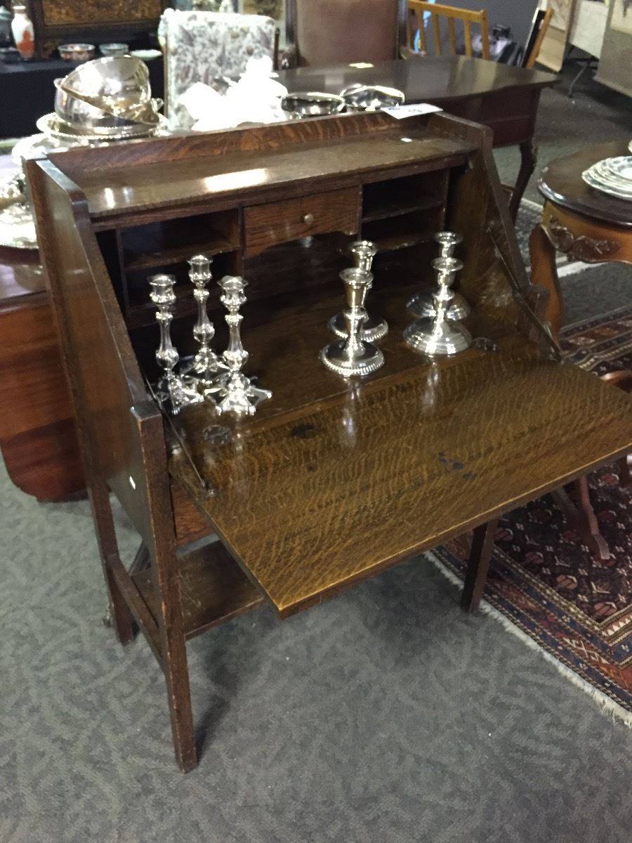 Antique Oak Drop Top Desk And Silver Plated Candle Holders