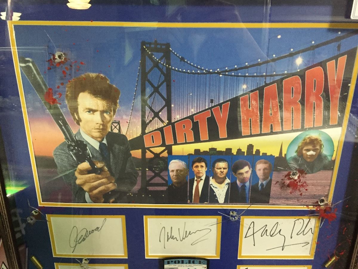 FRAMED DIRTY HARRY CAST SIGNED MEMORABILIA INCLUDING CLINT EASTWOOD Framed dirty harry cast signed memorabilia including clint eastwood