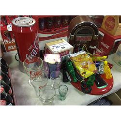 LOT OF MISC. COCA-COLA COLLECTABLES INCLUDING: LIGHT UP CAN, JUKEBOX, COKE BUTTON & MORE