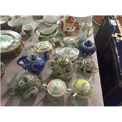 COLLECTION OF: HAND PAINTED TEA POTS, WEDGEWOOD, AND MORE