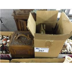 3 BOX LOTS OF COLLECTABLES INCL. ASIAN GAMING CUBE, CHILDS DOLL WARDROBE AND BOX OF STANDS