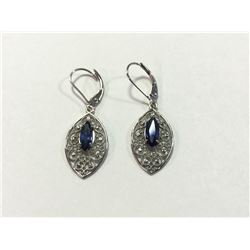 ONE PAIR OF 14KT WHITE GOLD NATURAL BLUE SAPPHIRE DANGLING EARRINGS WITH 2 SAPPHIRES, APPROX