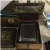 Image 2 : LOT OF ANTIQUE CHINESE BOXES: LEATHER BOX, LOCKER WARE, JEWELLERY BOX WITH MIRROR
