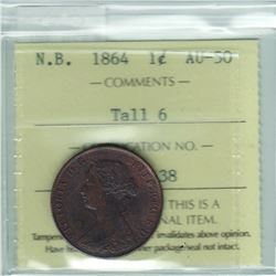 New Brunswick 1864 1-cent; Tall 6 ICCS certified AU-50. Nice chocolate brown with hints of mint lust