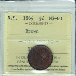 Nova Scotia 1864 1/2-cent ICCS certified MS-60 brown.