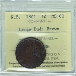 Nova Scotia 1861 1-cent; Large Bud, ICCS certified MS-60 brown.