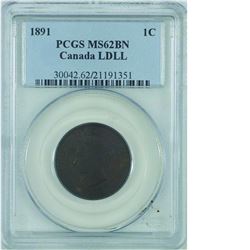 1-cent 1891 LD LL PCGS Certified MS 62 RB. A deep rich coin with slight hints of reds.