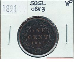 1-cent 1891 SD SL Obverse 3, in Very Fine condition.