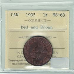 1-cent 1905 ICCS certified MS-63 Red & Brown. A deep cheery Red coin with even toning.