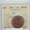 Image 2 : 1-cent 1907 ICCS Certified MS-64 RED. A Vibrant coin exhibiting some hints of flashy greens and reds
