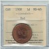 Image 2 : 1-cent 1908 ICCS Certified MS-65 RED. A great example of this Canadian struck coin. Coin has lots of