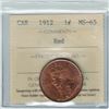 Image 2 : 1-cent 1912 ICCS Certified MS-65 RED. An attractive Original coin with soft satin fields and excepti