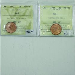 1-cent 1938 & 1940 ICCS Certified MS65 Red. Lot of 2 coins.