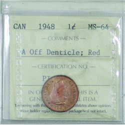 1-cent 1948 A Off Denticle ICCS Certified MS-64 Red. An exceptional example with high glossy fields.