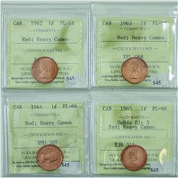 1-cent 1962, 1963, 1964 & 1965 ICCS Certifed PL66 Heavy Cameo; Red. Lot of 4 coins.