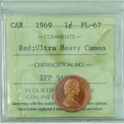 1-cent 1969 ICCS Certified PL-67 Red; Ultra Heavy Cameo. Solo highest graded by ICCS!