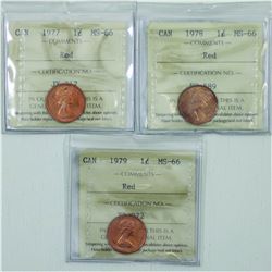 1-cent 1977, 1978 and 1979 Canada ICCS Certified MS-66 Red. 3pcs