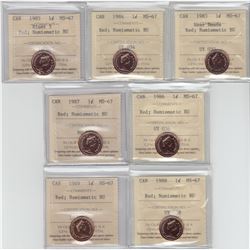 1-cent 1983 Near Beads, 1984, 1985, 1986, 1987, 1988 and 1989 ICCS Certified MS-67 red; NBU.  All co