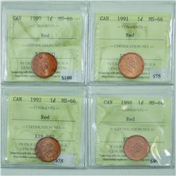 1-cent 1990, 1991, 1992 & 1998 ICCS Certified MS-66 Red. 4pcs