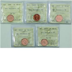 1-cent 2000, 2000W, 2001P, 2002P and 2003P ICCS Certified MS-67 red; NBU. All coins are tied for the