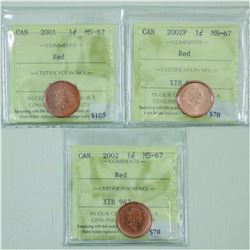 1-cent 2001, 2002P & 2002P ICCS MS67 Red. All coins tied for the finest known. 3pcs