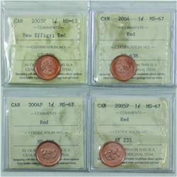 1-cent 2003P New Effigy, 2004, 2004P and 2005P ICCS Certified MS-67 Red. All coins are tied for the 