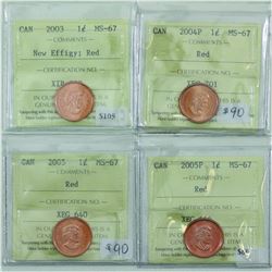 1-cent 2003 New Effigy, 2004P, 2005P & 2005 ICCS MS67 Red. All coins tied for the finest known. 4pcs