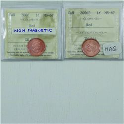 1-cent 2006 Non Magnetic & 2006P Magnetic ICCS MS67 Red. Both tied for finest known. 2pcs