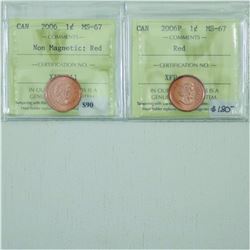 1-cent 2006 Non Magnetic & 2006P Magnetic ICCS MS67 Red. Both tied for finest known. 2pcs