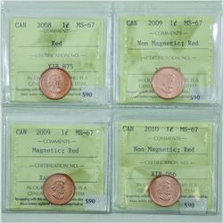 1-cent 2008 Magnetic, 2009 Non Magnetic, 2009 Magnetic & 2010 Non Magnetic ICCS MS67 Red. 4pcs.  All