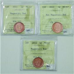 1-cent 2011 Magnetic, 2012 Magnetic & 2012 Non Magnetic ICCS MS67 Red. 3pcs.  2012's are tied for th