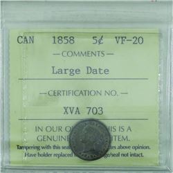 5-cent 1858; Large Date ICCS certified VF-20. Light to medium even toning thoughout.