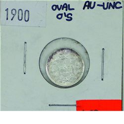 5-cent 1900 Oval 0's in AU-UNC condition. A bright coin with just a hint of violet toning at the rim