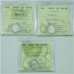 5-cent Group Lot of ICCS Certified Coins: 1902 AU-55, 1902H Small H AU-58 & 1902H Large H AU-58. 3pc