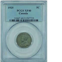 5-cent 1925 PCGS XF 40. A Nice clean example of this key date nickel. (Recommended: take a close loo