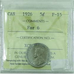 5-cent 1926 Far 6, ICCS Certified F-15. *Key Date*