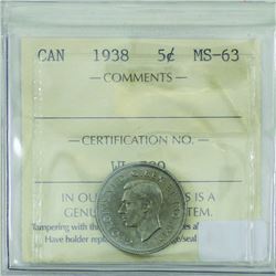 5-cent 1938 ICCS Certified MS63