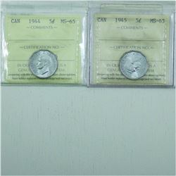 5-cent 1944 & 1945 ICCS Certified MS-65. 2pcs.