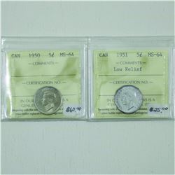 5-cent 1950 & 1951 Low Relief ICCS Certified MS64. 2pcs.